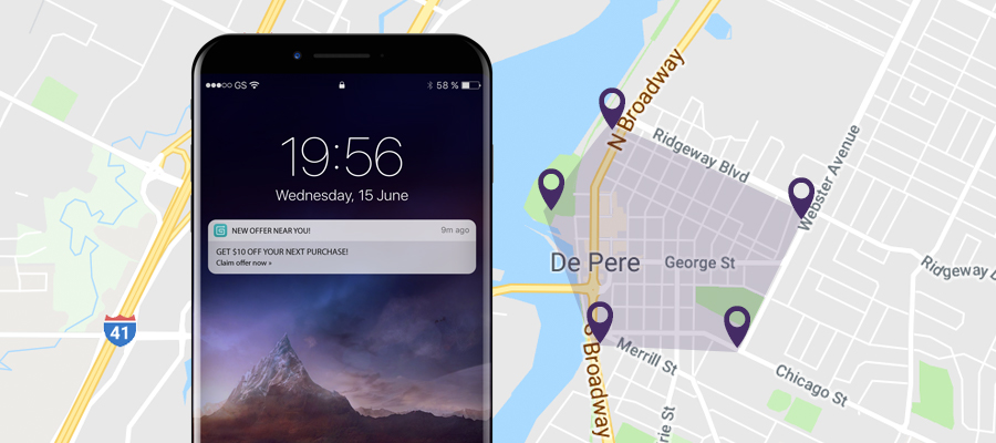 Image showing phone with geofencing offer and geofencing mapped in De Pere